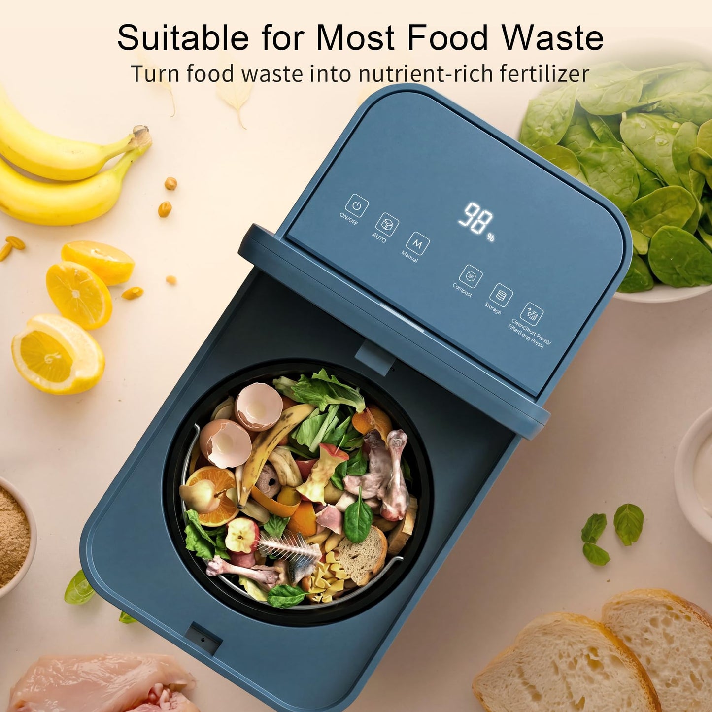 Growell Electric Composter for Kitchen, 3.2L Smart Countertop Compost Bin, Low Noise, Odorless, Indoor Food Waste Composter with LED Display, Auto-Cleaning, Turn Food Waste into Fertilizer,EC04