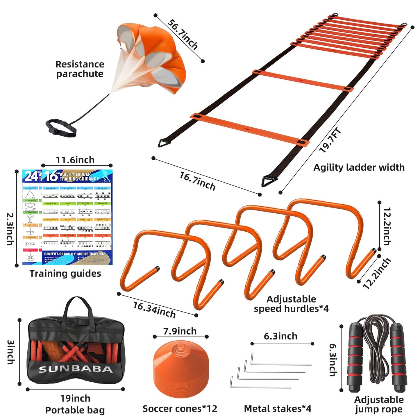 SUNBABA Agility Ladder Speed Training Equipment Set with 20ft Agility Ladder,4 Hurdles,12 Cones,Jump Rope,Running Parachute-Ideal Training Equipment for Kids Youth Adults in Soccer Football Basketball