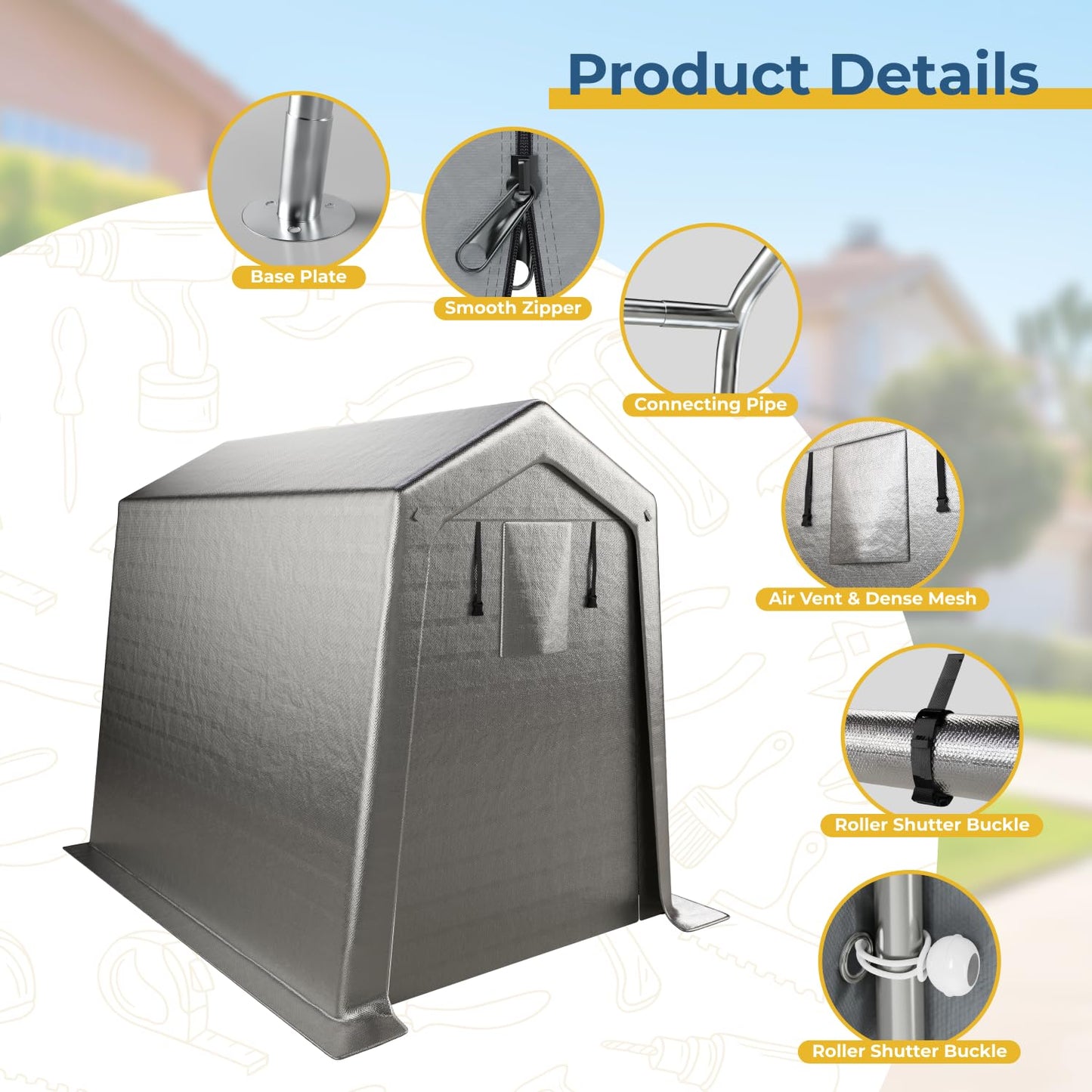 LINKHOO 6 x 8 FT Carport, Portable Shed w/220G Heavy Duty Waterproof PE Tarp, Roll-up Zipper Door & Vent, Weather-Resistant Storage Shed for Motorcycle, Bike and Tools, Gray