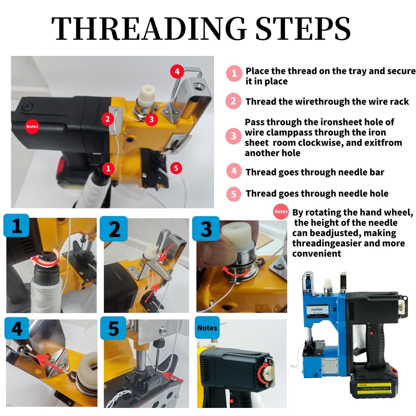Bag Sewing Machine, 2s/bag Portable Bag Sewing Machine, Industrial Bag Closing Machine for Packing Woven Bags Non-woven Fabrics Leather (Blue, Lithium Battery - 36V)