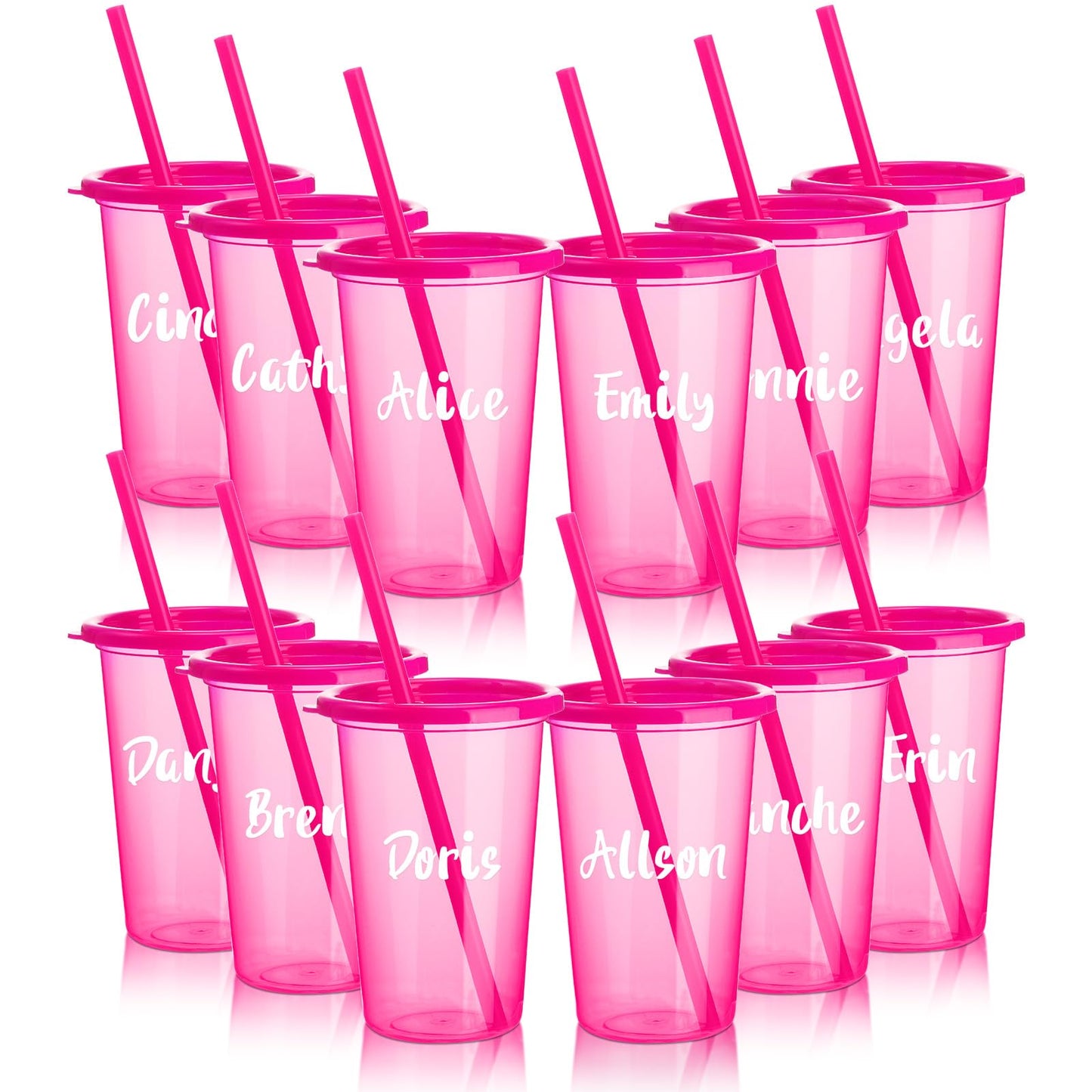 Nuanchu Plastic Cups with lids and Straws Reusable 14oz Tumbler with Sheets Letter Stickers for adult Iced Coffee Cup Travel Mug for Party Favors Beach Juices(Hot Pink,12 Pcs)