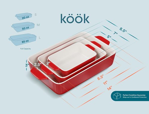 Kook Ceramic Bakeware Set - Versatile Rectangular Dishes for Casseroles & Lasagna | 3-Piece Set in Cherry