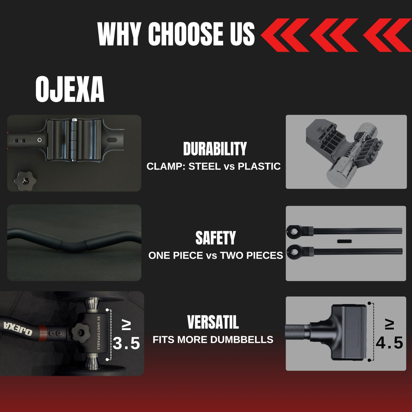 OJEXA Dumbbells to EZ Curl Barbell Converter Set, Adjustable Weights, 200 lb Capacity, Steel Clamp, Home Gym