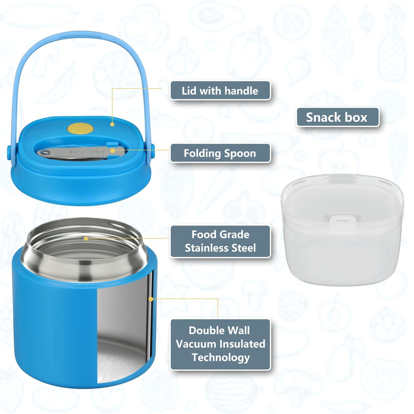 14 oz Soup Thermo for Hot Food with 7 oz Snack Container, Leak-Proof Insulated Lunch Container Kids and Adults, Stainless Steel Double Wall Vacuum Wide-mouth Thermal with Spoon and Handle-Blue