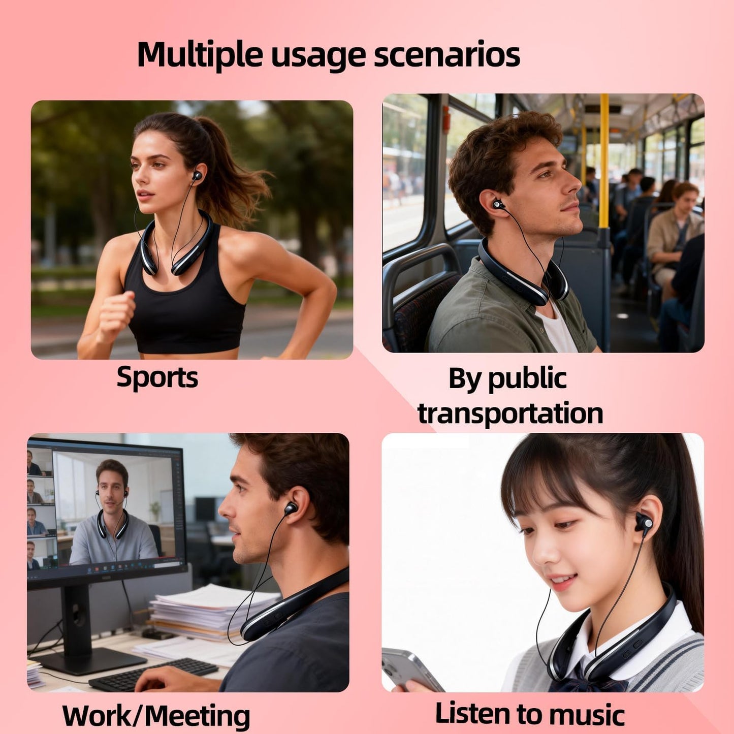 ZHAOGE Headset IPX5 Bluetooth Headphones Neckband, Retractable Wireless Sports Earbuds Noise Cancelling Stereo