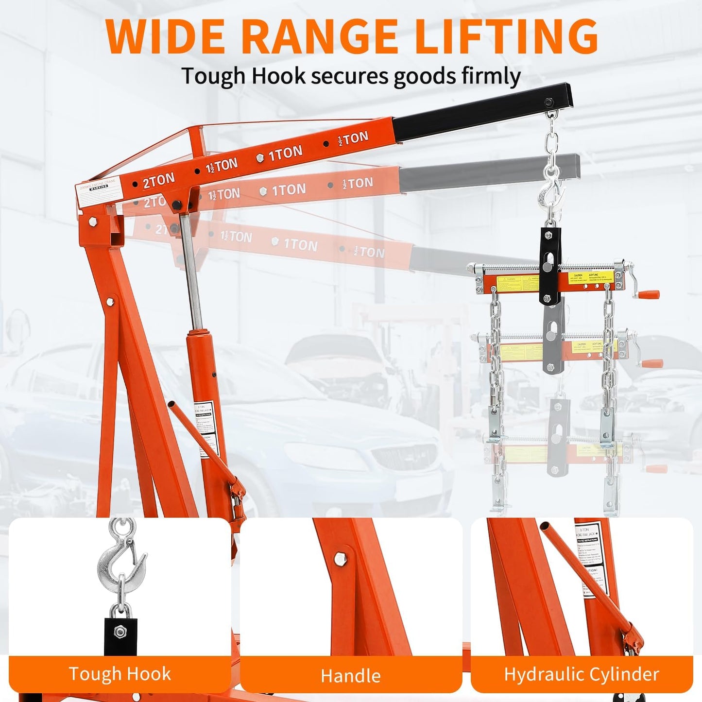 2 Ton Folding Hydraulic Engine Hoist with Load Leveler 4400 LBS Capacity Heavy Duty Cherry Picker 6 Swivel Wheels&Hydraulic Pump Adjustable Boom (0.5T-2T) for Garage Workshop Warehouse Orange