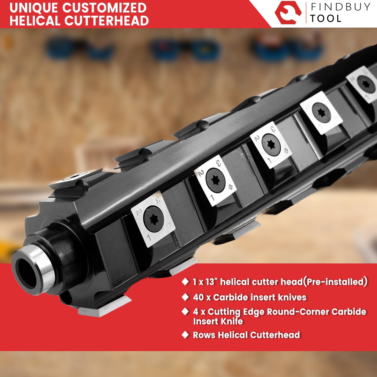 FINDBUYTOOL 13" Helical Cutter Head for Ridgid TP1300/TP13002/R4330 Planer, 4-Rows 50 Carbide Inserts Cutterhead Tools – Smooth Finish, Reduced Noise, No Tear-Out for Wood, Plywood, MDF