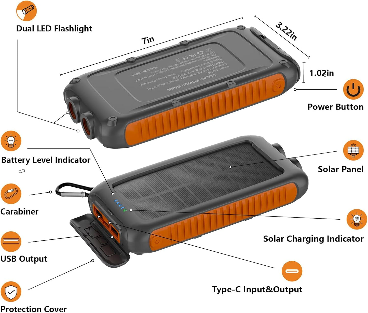 49800mAh 2 15W Solar Charger Power Bank Portable Solar Phone Charger with USB-A and Type-C Interface, Fast Charging