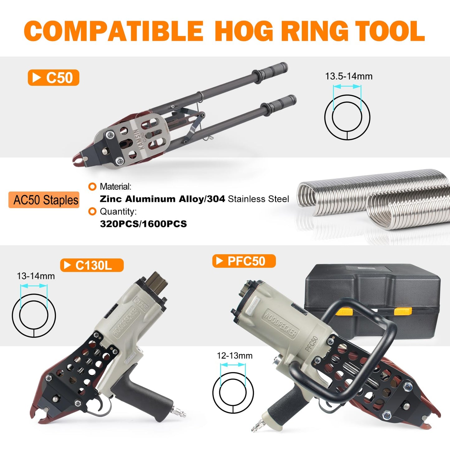 Woodpecker C130L 11 Gauge Pneumatic Heavy Duty Hog Ring Plier with 304 Stainless C50 Hog Ring Staples 1600PCS