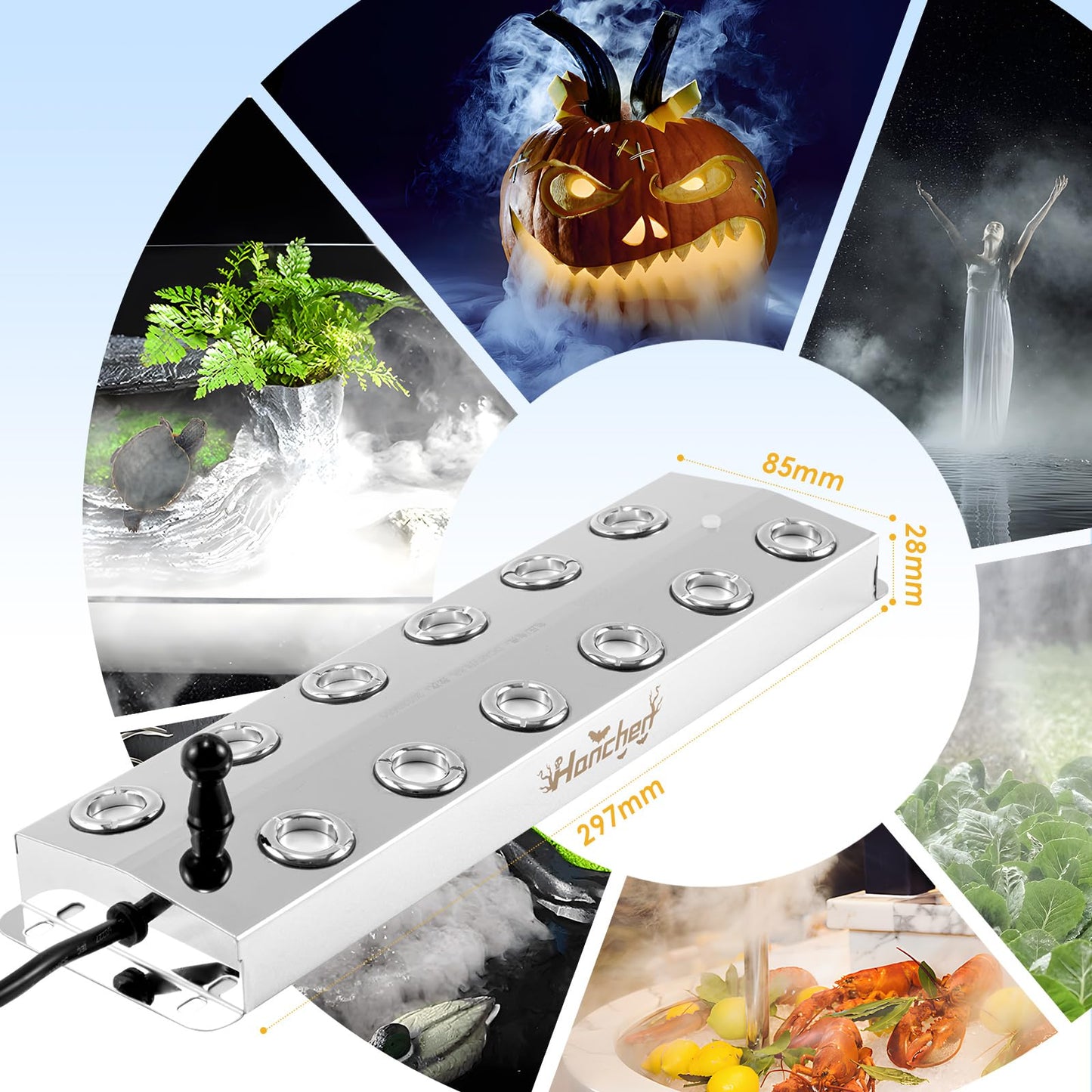 Hanchen Mist Maker 12 Head Ultrasonic Fogger Mist Humidifier Fog Atomizer Halloween Water Fountain Pond 18.7lb/h Large Fog Volume CE Certificate (Mist Maker + Water Resistant Power Supply + Float)