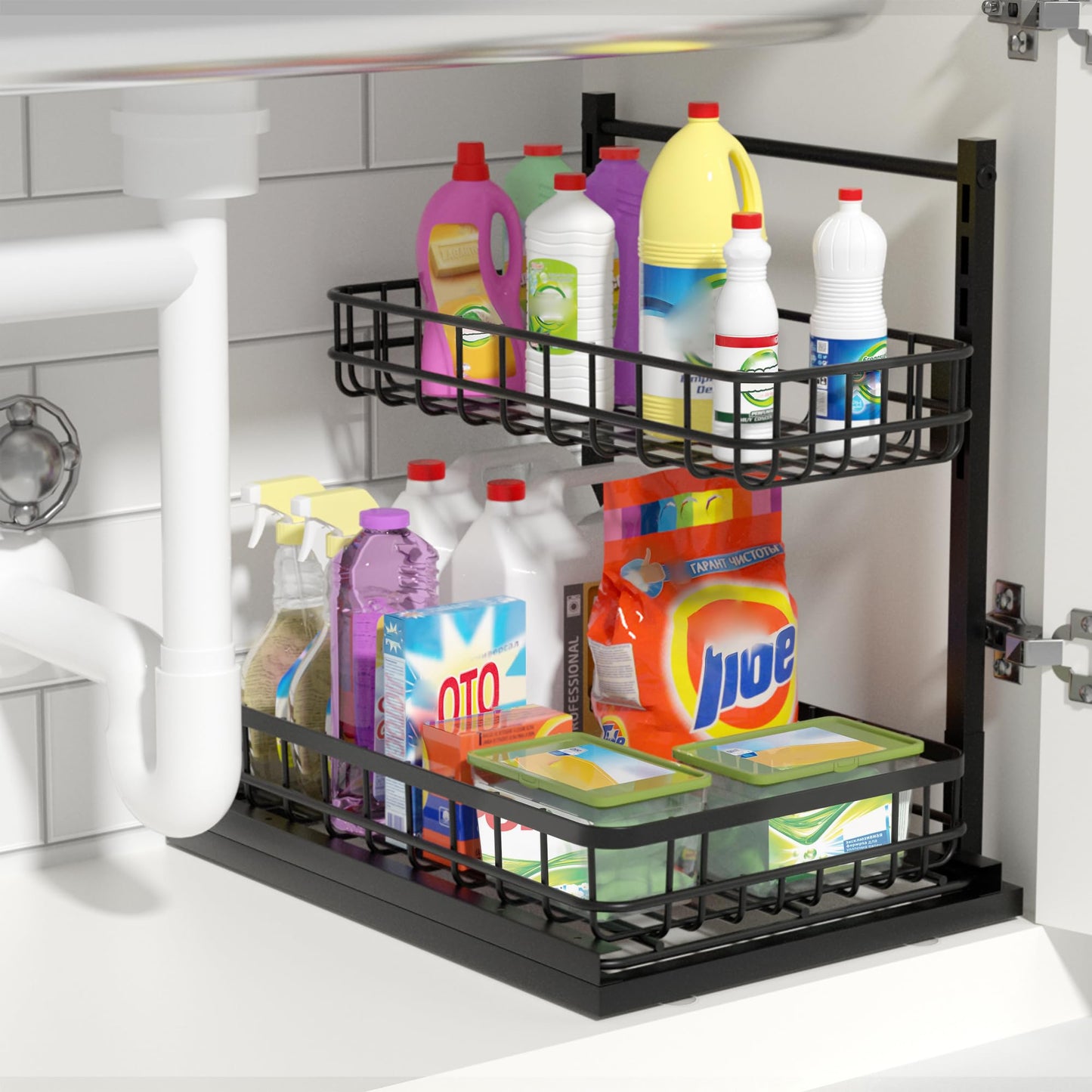 Uninol Under Sink Organizer, Adjustable Height Pull-Out Kitchen Storage Organization,15.8" x 11.8" x 16.5", 2-Tier Kitchen Shelf, Bathroom Drawer Organizer, 2 Pack|Black