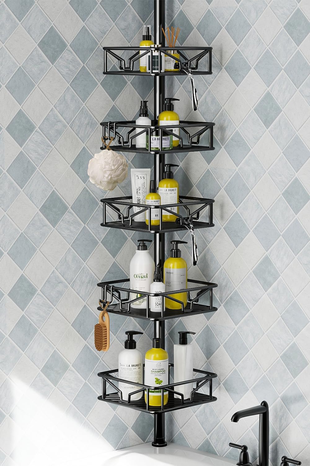 Skycarper 5-Tier Adjustable Corner Shower Caddy - Rustproof Tension Pole, 62-116 Inch, Black