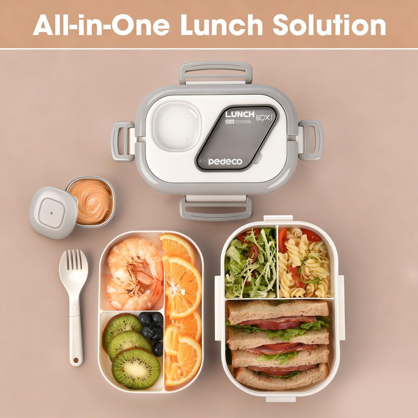 PEDECO All-in-one Bento Lunch Box Set for Adults & Kids with Insulated Bag, Leakproof 3-Compartment and 2-Tier Stackable Container with Portable Sauce Pod, Microwave/Dishwasher Safe, BPA-Free (White)