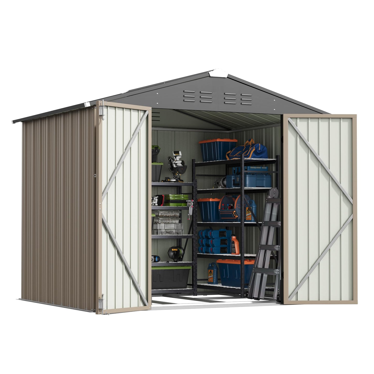 Patiowell 8x6 FT Outdoor Storage Shed with Floor Frame, Metal Garden Patio Sheds with Sloping Roof and Lockable Door, Waterproof Steel Tool Shed for Backyard Garden Lawn, Brown
