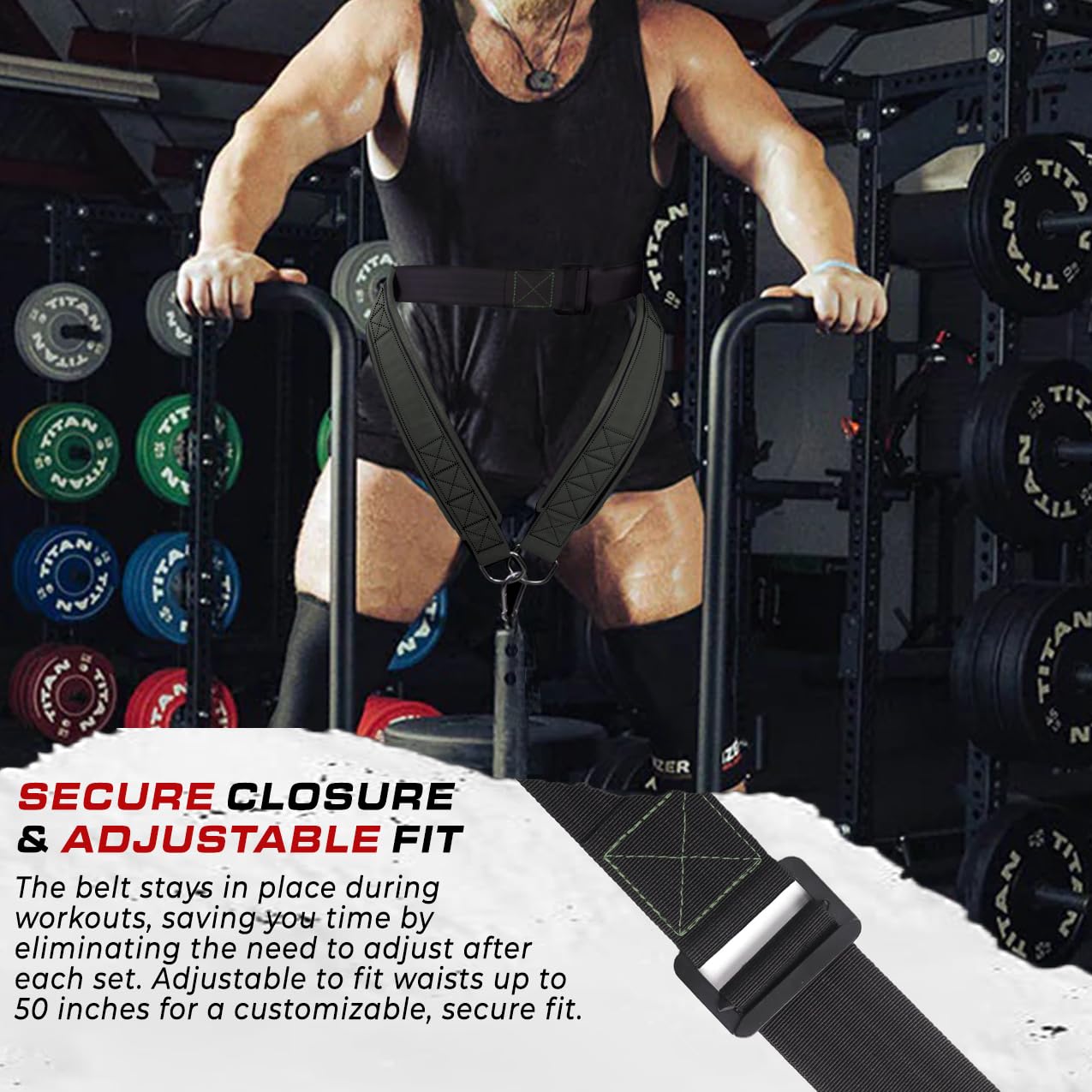 Belt for Belt Squats & DiP Belt, Rack Attachment & Squat Machine, Weight Lifting&Powerlifting – Back Support, Low-Profile, Padded Hip & Thigh, Secure Buckle, Heavy Duty