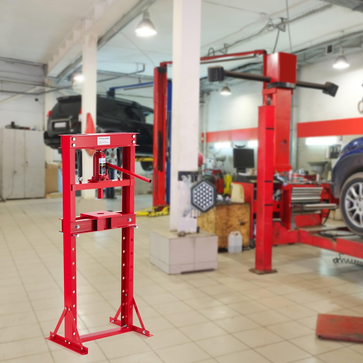 12T Hydraulic Press, 12 Ton H-Frame Garage Floor Hydraulic Shop Press, Adjustable Hydraulic Press with Plates, for Bearings & Ball Joints, Red