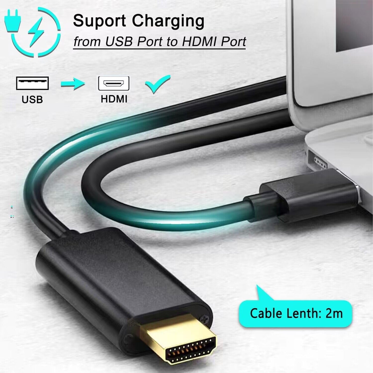 AKWOR 6.6FT 1080P USB to HDMI Adapter Cable, USB to HDMI Male to Male Cord, HD Monitor Display Audio Video Converter