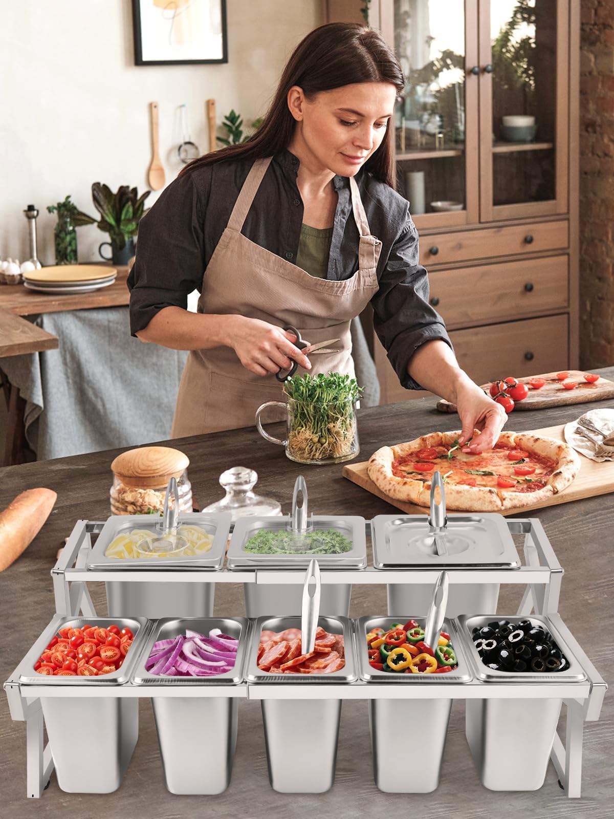 Kalolary 8 Pans Pizza Topping Storage Station, 2 Row Adjustable Stainless Steel Condiment Containers with Lids Spoons Ice Food Serving Display Container Salad Bar Buffet Station for Home Kitchen