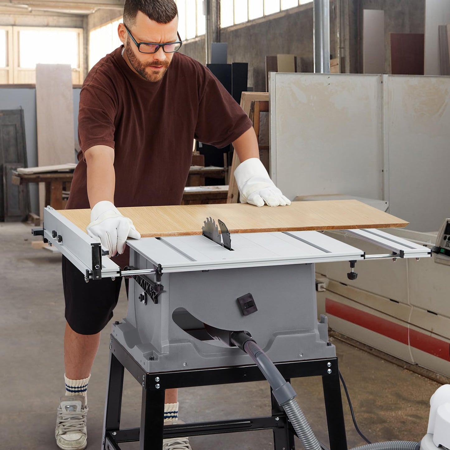 Table Saw, 10 Inch 15A Multifunctional Saw With Stand & Push Stick, 90° Cross Cut & 0-45° Bevel Cut, 5000RPM, Adjustable Blade Height for Woodworking, Grey