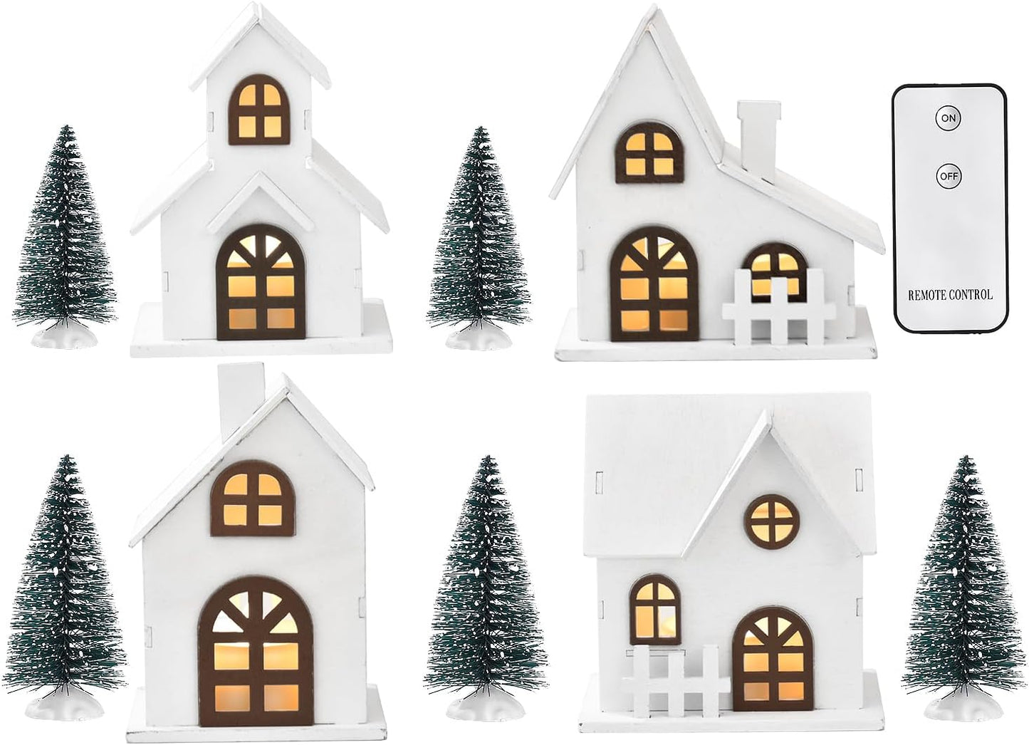 Ovootok Christmas Sculpture Set - 9-Piece Wood & Plastic Decor with 4 LED Lighted Houses & 5 Frosted Trees