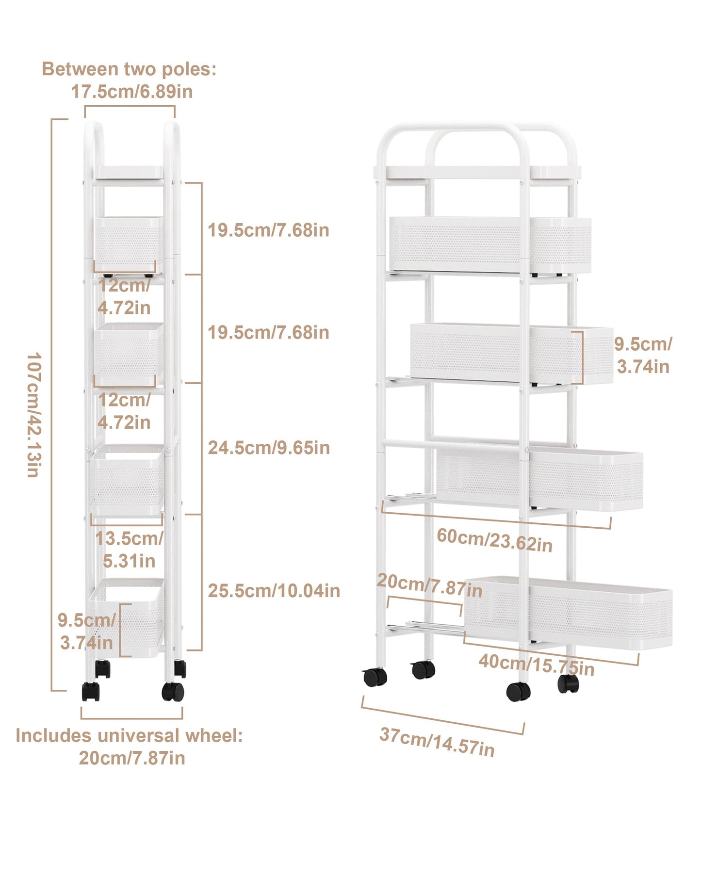 UMDONX Slim Storage Cart 5 Tier with Pull Out Basket Bathroom Organizer Rolling cart, Rolling Utility Cart Slide Out Organizer for Kitchen, Bathroom, Laundry White