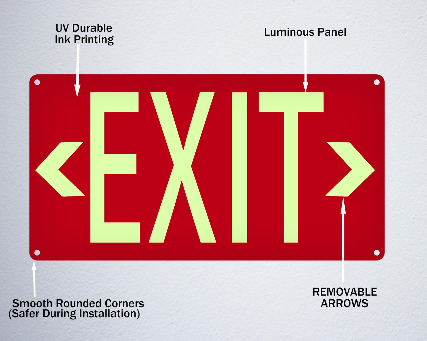 (2 Pack) Photoluminescent Exit Sign Red - with Removable Directional Arrows, With strong self adhesive tape, 14.25 x 7.5 Inches Heavy Duty Aluminum Signs, Fade Resistant, water proof/weather proof