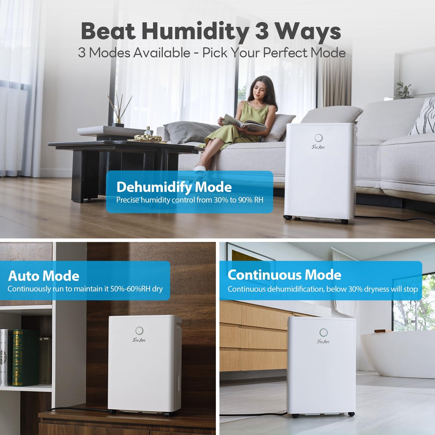 FreAire 2500Sq.Ft Dehumidifier, 34Pint Dehumidifiers for Home, Quiet Dehumidifier for Basement, Bedroom, Bathroom, with 6.56FT Drain Hose, 0.66Gal Water Tank, 3-Color Humidity Light