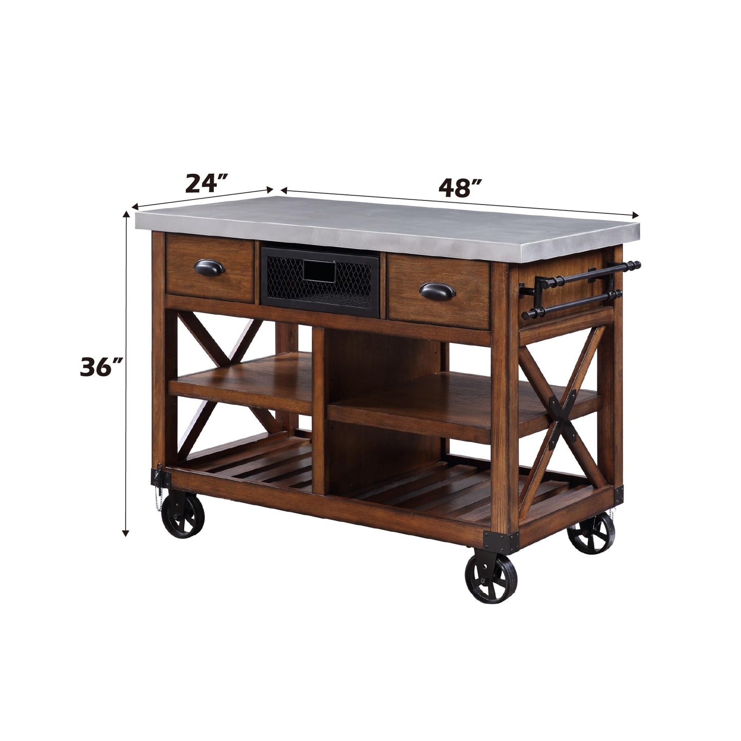 Bowery Hill Kitchen Cart, 48"W x 26"D x 36"H, Catalpa Wood and Metal, Antique Oak Finish, 2 Drawers, Adjustable Shelves, Slatted Shelf, Towel Rack, Caster Wheels, Functional Mobile Storage for Kitchen