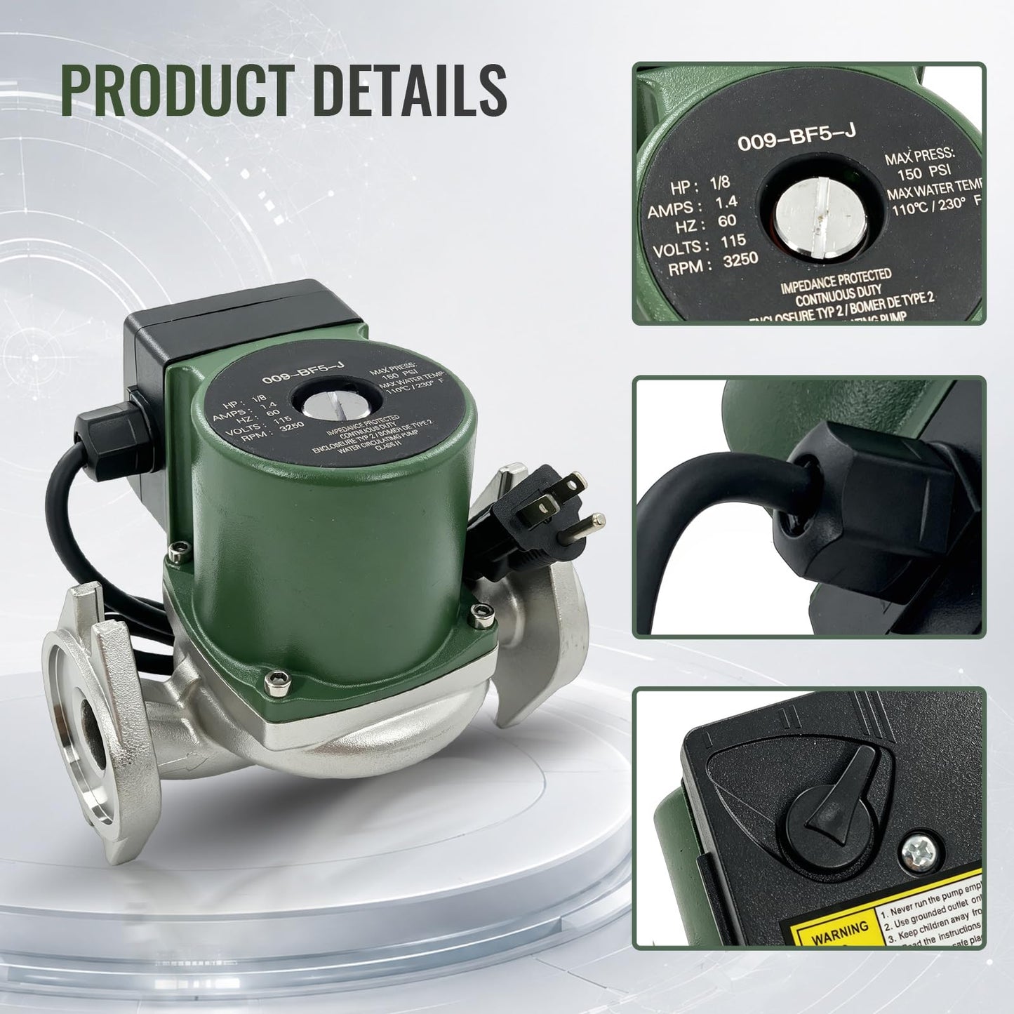 009-BF5-J Circulator Pump 1/8HP Stainless Steel Compatible with Taco 009-F5 115V 1.4A 1Phase Domestic Hot Water/Radiant Heating/Hydraulic Heating/Fan Coil Heating/Solar Energy & Other System Types