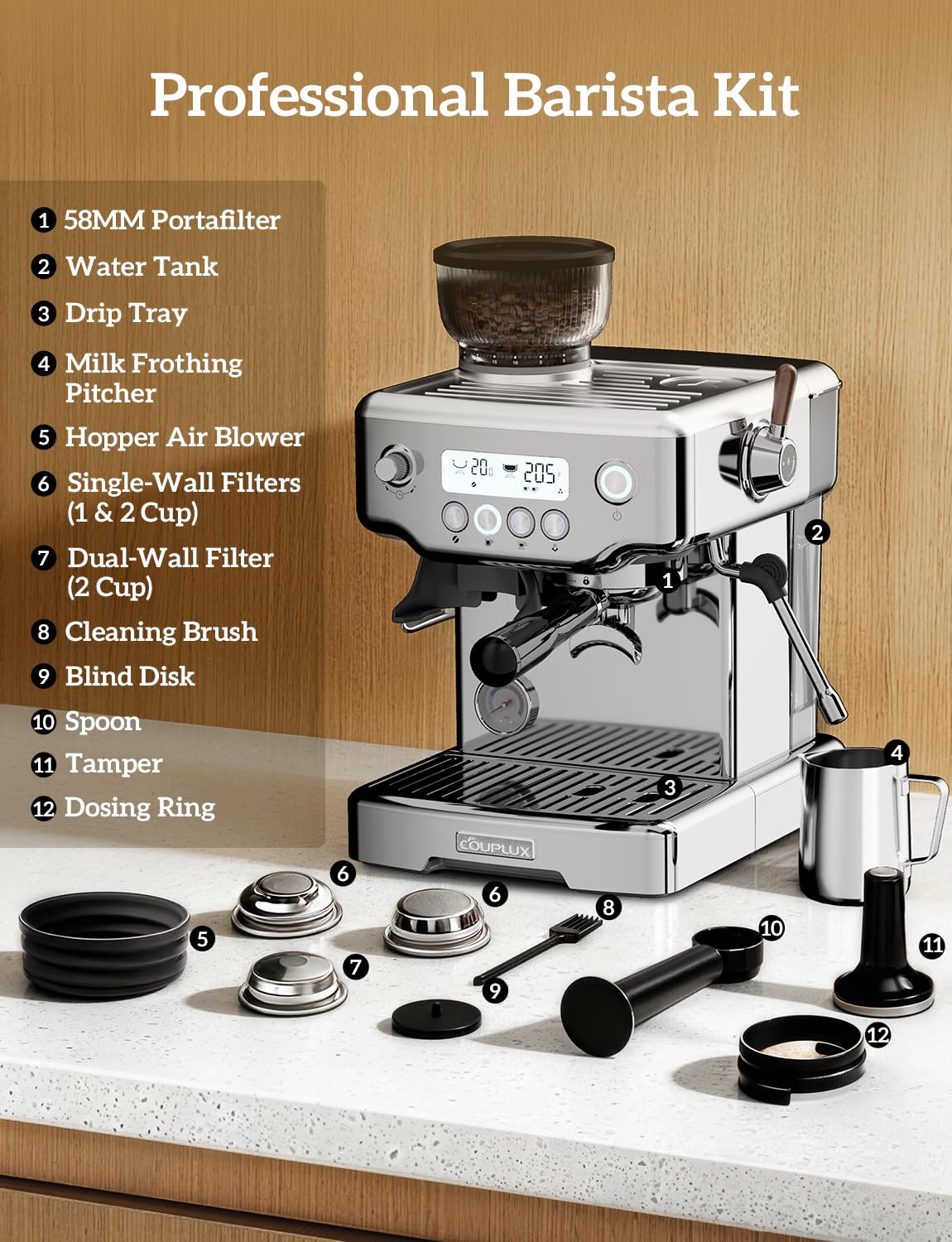 COUPLUX Espresso Machine with Grinder, 205℉ MAX Temp Control Expresso Coffee Machines 58MM Professional 15 Bar Espresso Maker with Milk Frother Steam Wand Perfect Americano Cappuccino & Latte for Home