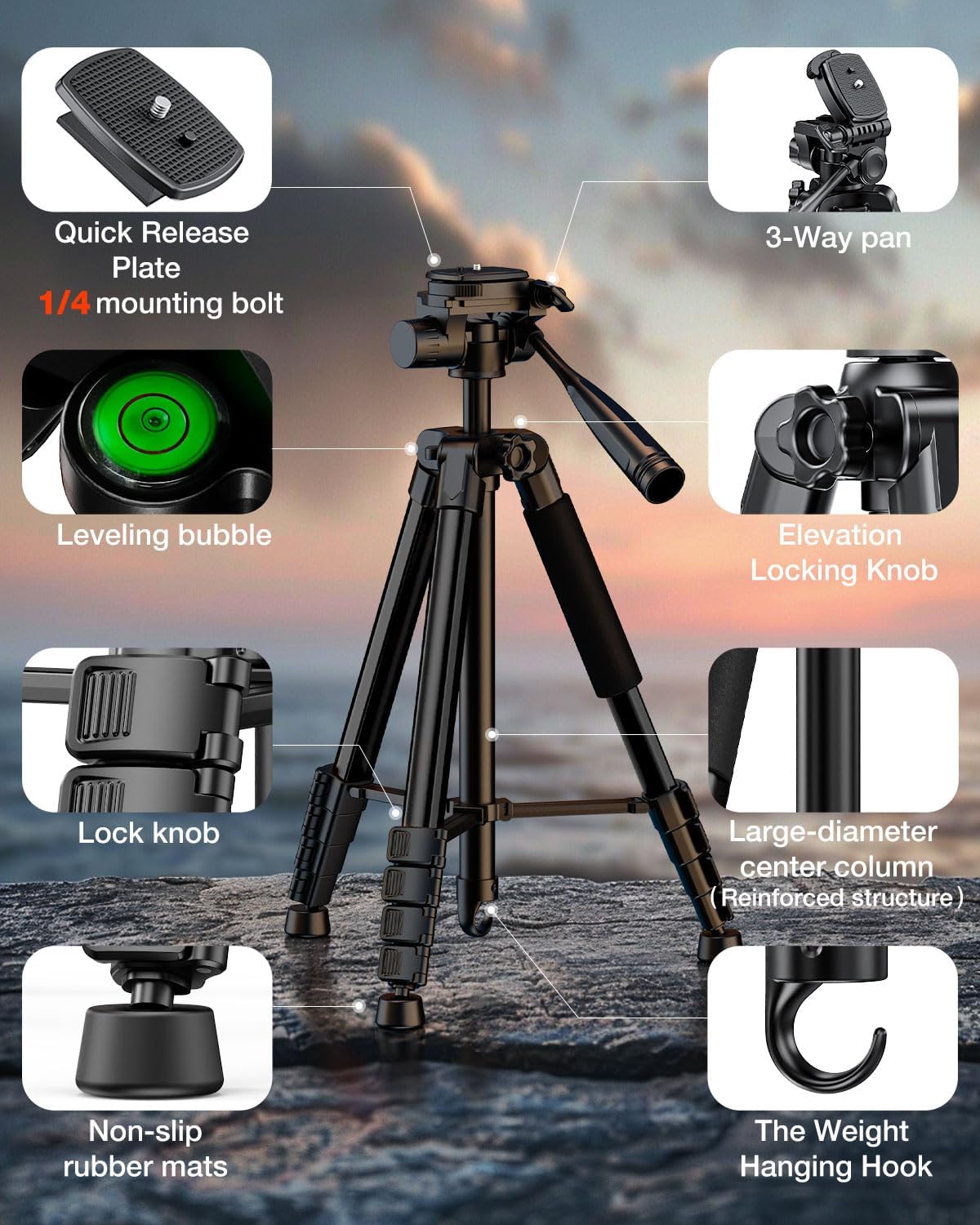 JOBFRI 73" 8.8 lbs Camera Tripod for Camera and Phone, Aluminum Travel Tripod for iPhone, DSLR Tripod with Phone