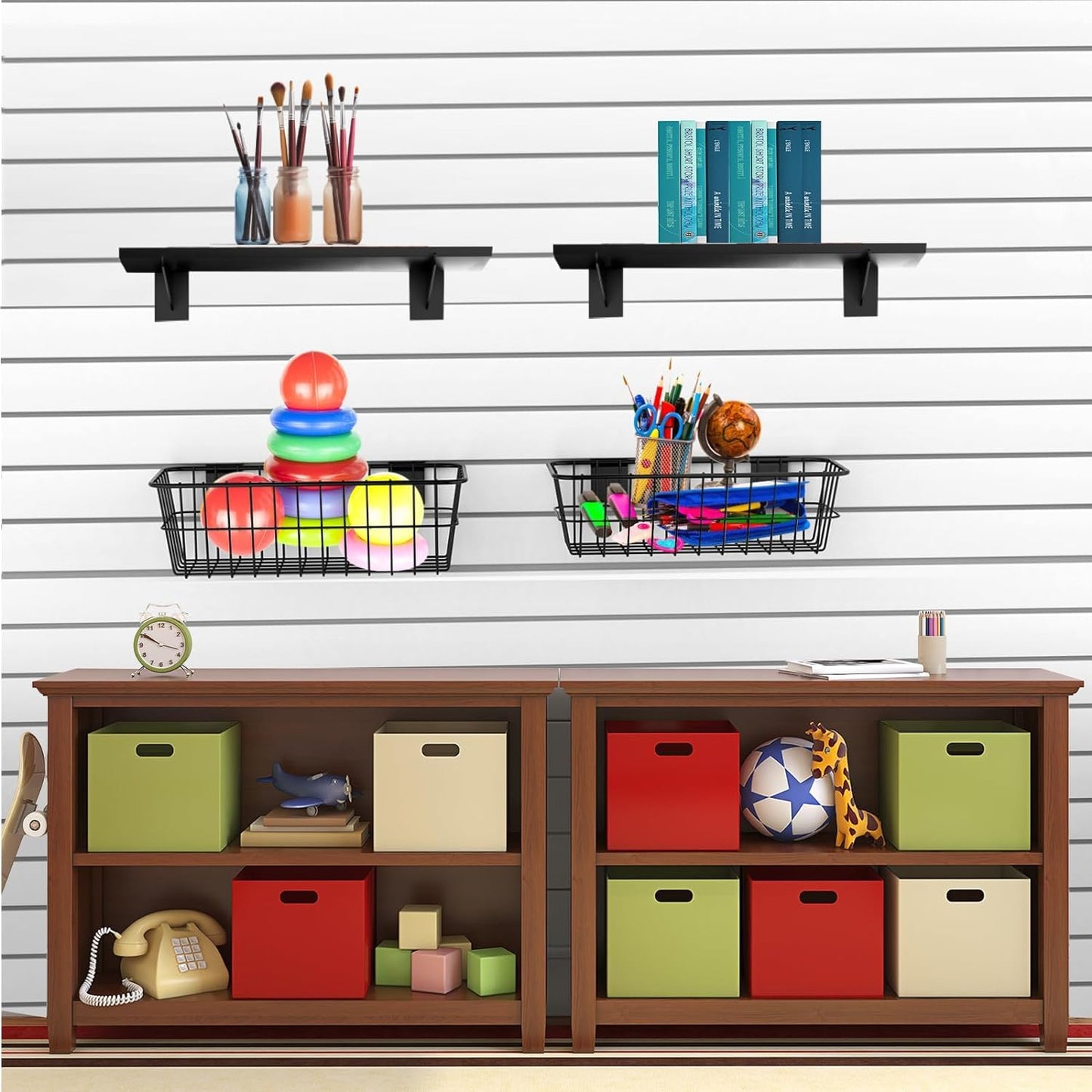 BeapTcely 43 Pc Slatwall Organizer Kit with Hooks, Shelves, Baskets, Bins, Cups, Screwdriver Holder for Tool Organization (Black)