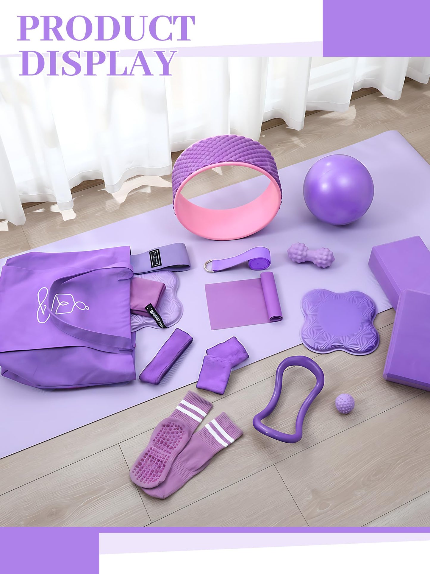 17 Pcs Yoga Essential Kit for Women, Pilates Equipment Starter Set for Beginners with Yoga Wheel Ball Blocks Strap Resistance Bands Wrist Rings Socks Towel & Carry Bag for Home Workouts(Purple)