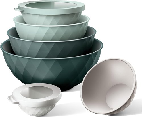 COOK WITH COLOR Mixing Bowls - 12-Piece Plastic Nesting Set with Lids, Microwave Safe, Green Diamond