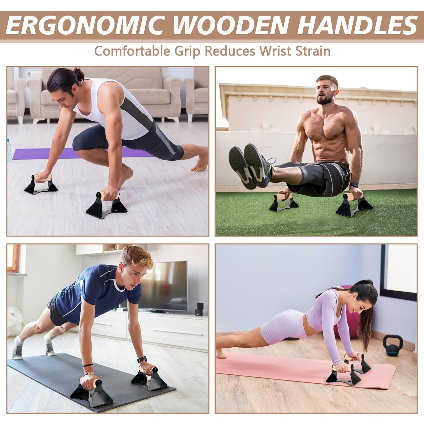 Rolitwils Parallettes Push Up Handles - Heavy Duty Steel Frame with Ergonomic Beech Wood Grips, Calisthenics Equipment for Strength Training, Anti-Slip Push Up Bars for Home Gym (250kg Capacity)