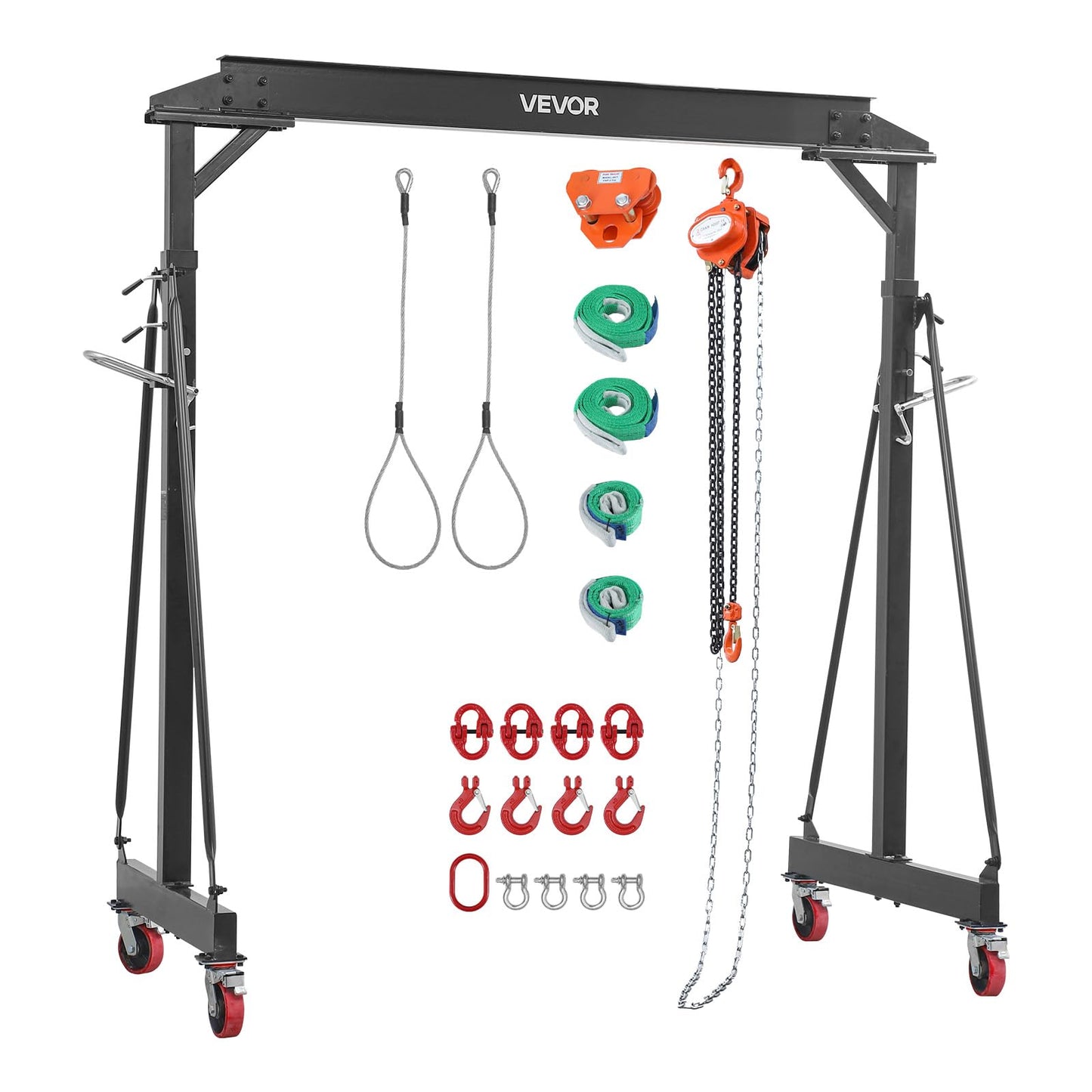 VEVOR Adjustable Gantry Crane, 4400 lbs Capacity, Portable Shop Lift Hoist with 99.6-146.9 in Height Adjustable, Manual Trolley, Hoist, Sling, Shackles, Hooks, for Garage Factory Warehouse Auto Repair