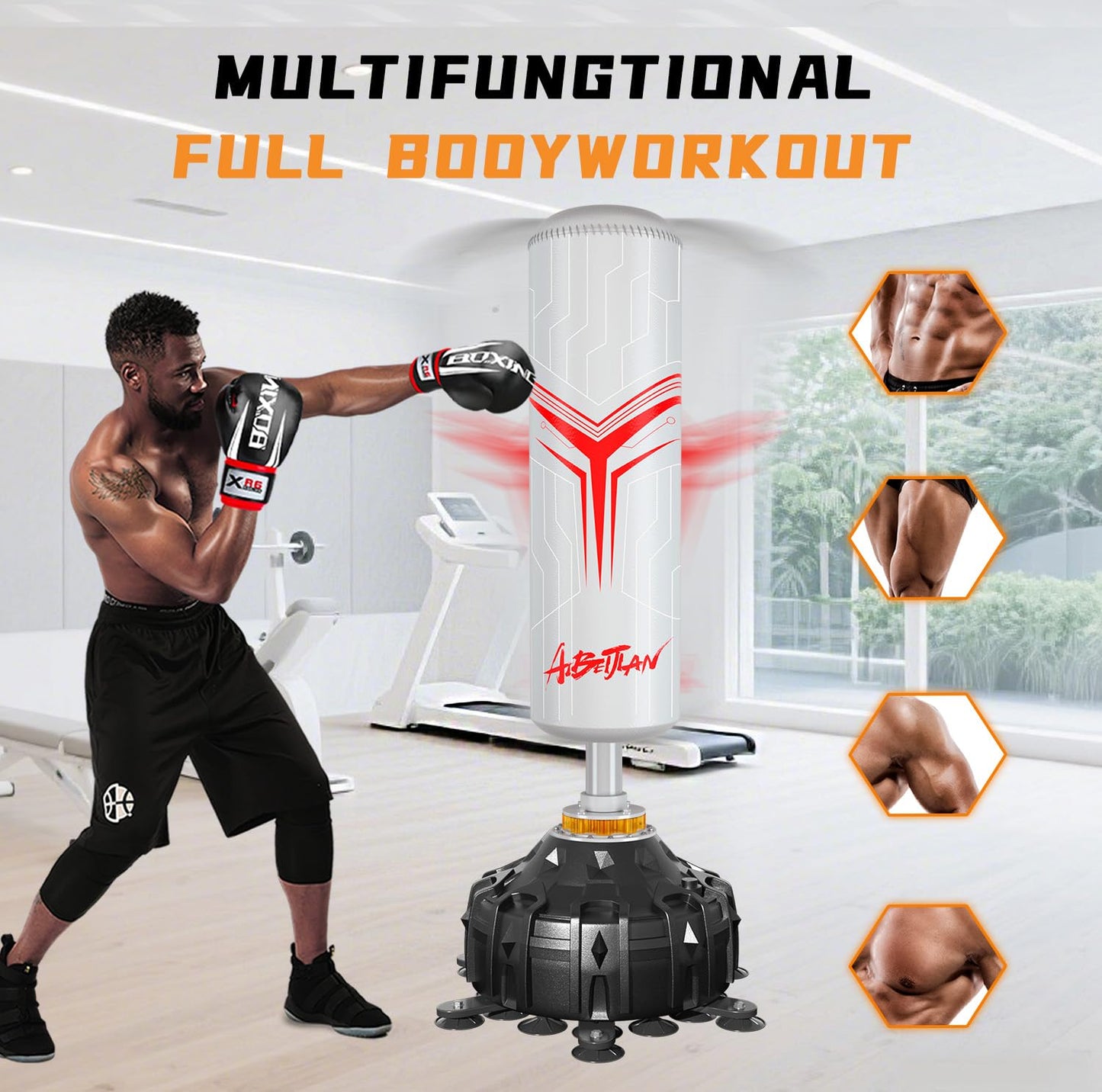 Freestanding Punching Bag,with Boxing Gloves Heavy Boxing Bag with Suction Cup Base for Adult - Boxing Training Equipment Kickboxing Bags for Training MMA Muay Thai Fitness Home Gym (White)