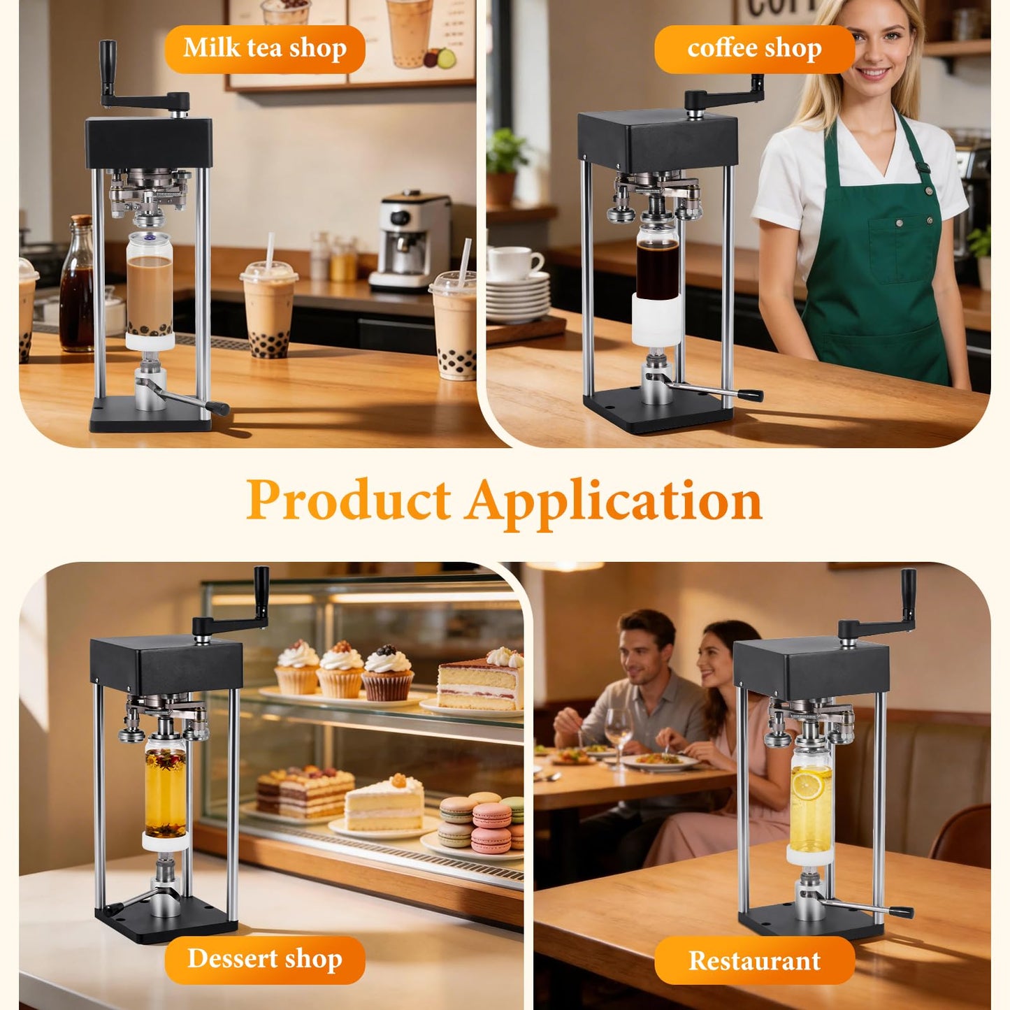 Manual Can Sealer Machine, 2.2'' caliber Cup Sealer, No Electricity Needed with Adjustable Height for 11.2/16.9oz Bottles, Table Mountable for Bubble Tea, Coffee, Smoothie Shop & Home Use