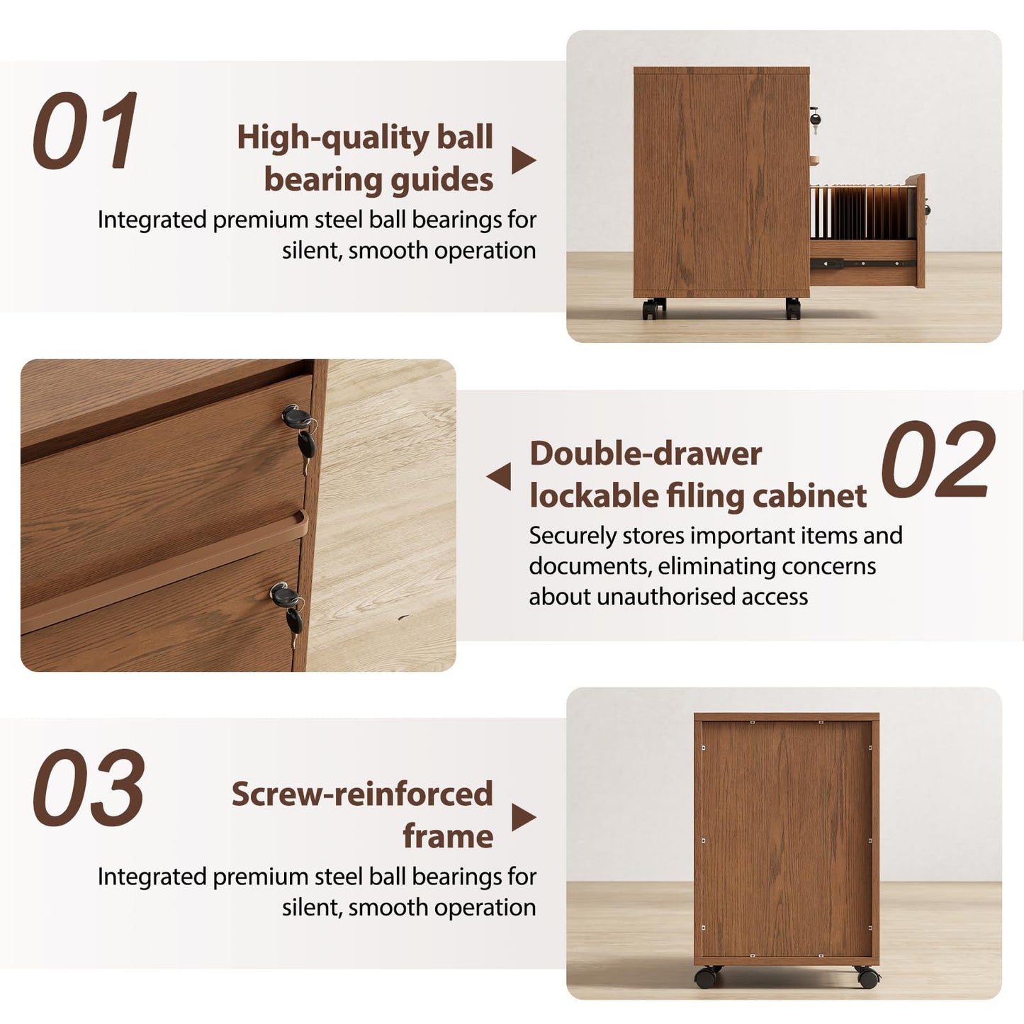 KungFuWood Wheeled Double-Drawer Filing Cabinet, Lockable Metal Filing Cabinet, Suitable for Home Offices or Storage cupboards for Storing Legal documents or Letter-Sized Files.