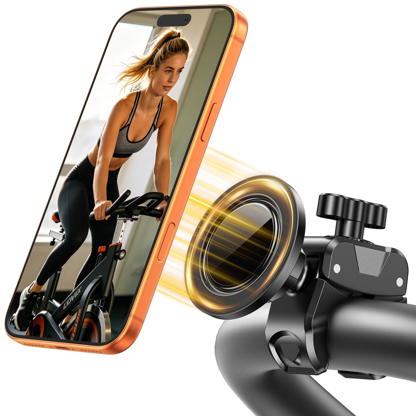 iBytoc Magnetic Gym Stroller Phone Holder with Clamp, 16 x N55 Strong Magnet Phone Mount, 360° Rotating & 60° Tilt for Treadmill/Exercise Bike/Golf Cart/Shopping Cart, Fit for iPhone 12-17 & Android