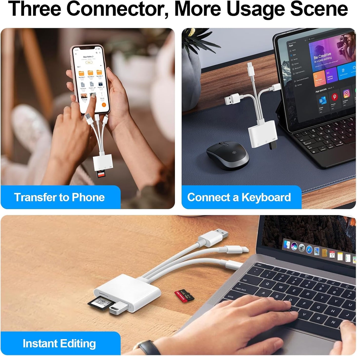 Denlane 3 1 SD Card Reader for iPhone iPad Mac, USB C & Lightning & USB-A in MircoSD/SD Adapter for Digital Camera USBC
