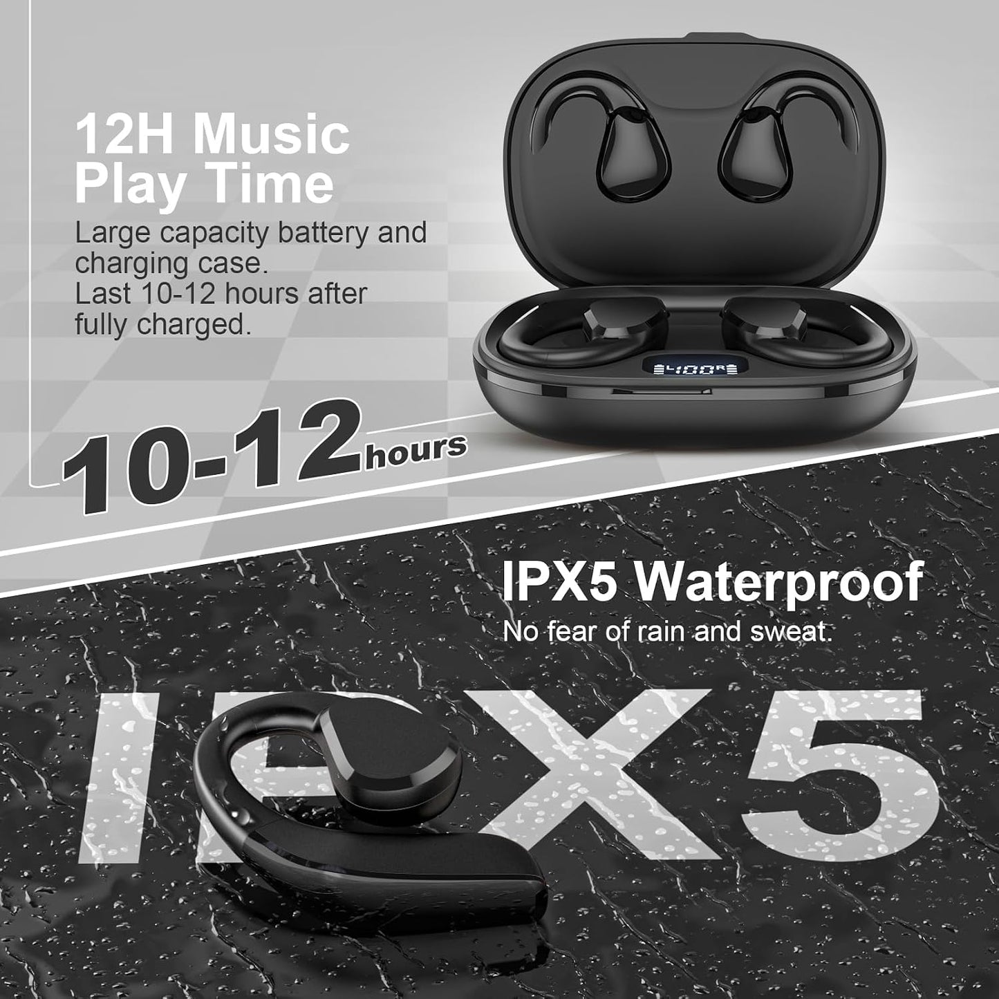 5.3 60H IP66, TTQ Open Ear Headphones, Bluetooth Open Ear True Wireless Earbuds, Sports Earbuds with Earhooks