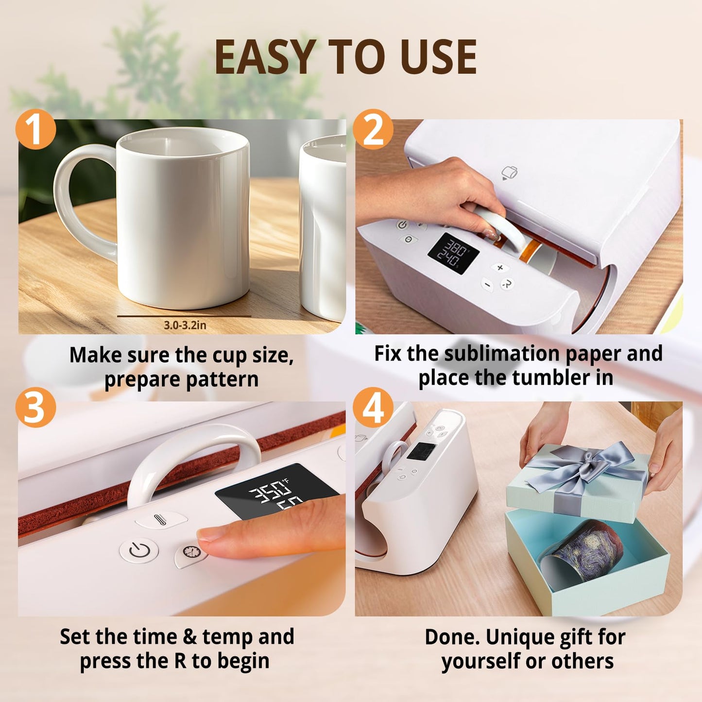 HTVRONT Auto Tumbler Heat Press Machine - Mug Heat Press Heat Up Fast & Even, Professional Tumbler Press High-Security for 2.9"-3.2" Sublimation Tumblers, Cups, Glasses and Mugs, White
