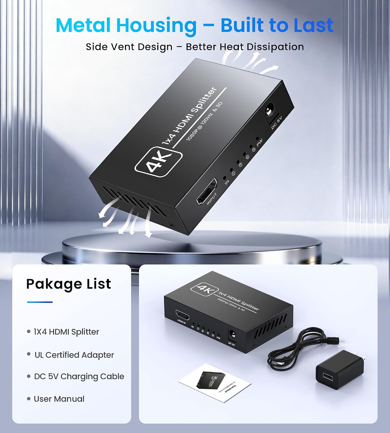 Happfeel 1 4 1x4 5V 4K@30Hz, 1080P@120Hz, 3D, HDMI Splitter in Out Mirror Display Only, Powered HDMI Video Splitter
