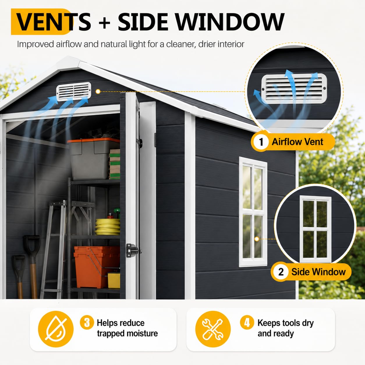 HUGROVE 6×4ft Outdoor Storage Shed with Floor, Waterproof & UV-Resistant Resin Garden Shed for Backyard with Lockable Double Doors, Air Vents & Side Window (Dark Gray)