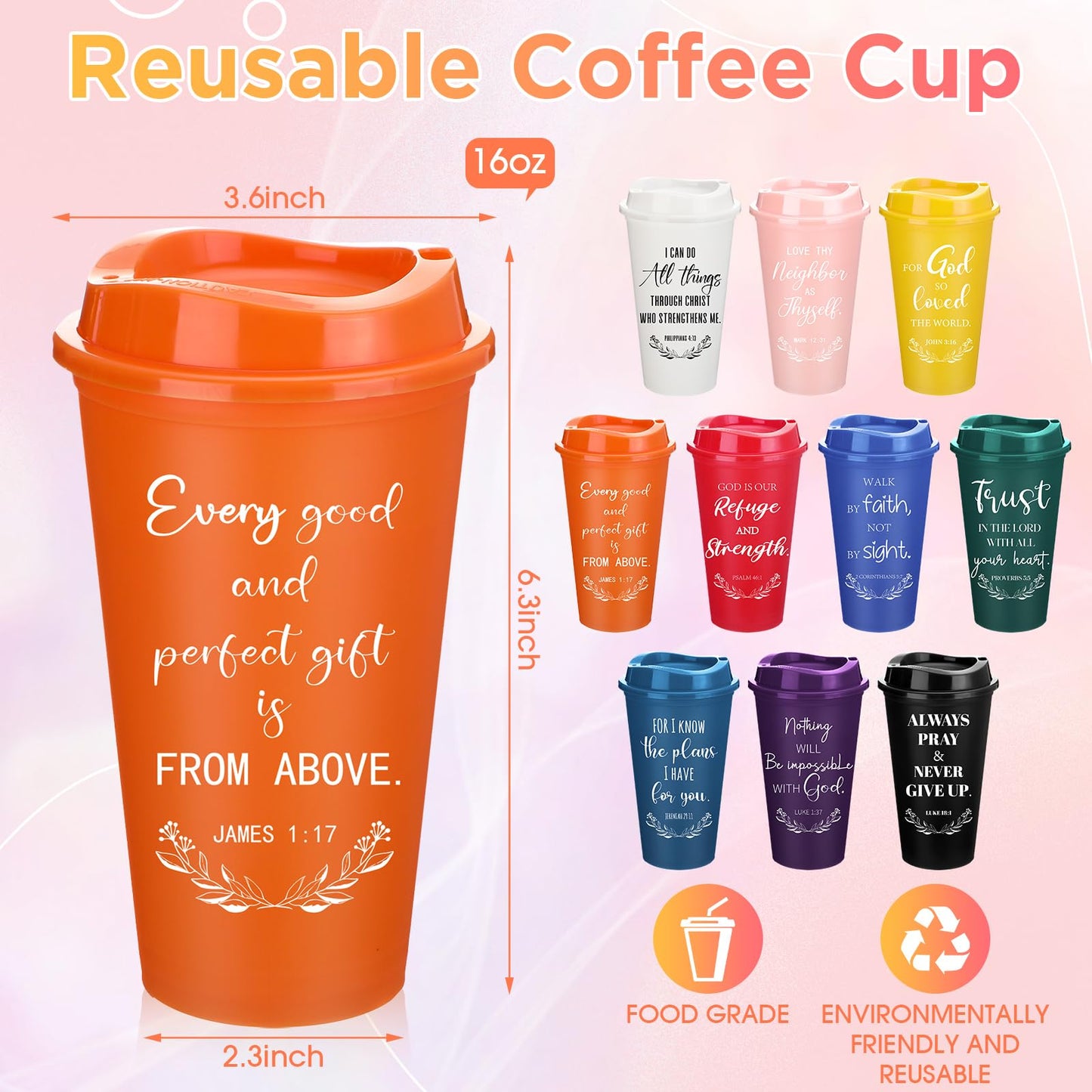 Skylety 20 Pack Christian Gifts for Men Women 16oz Reusable Bible Verse Tumbler Bulk Plastic Coffee Cup with Lid Inspirational Religious Church Gift for Mother Father Birthday (Multicolor)