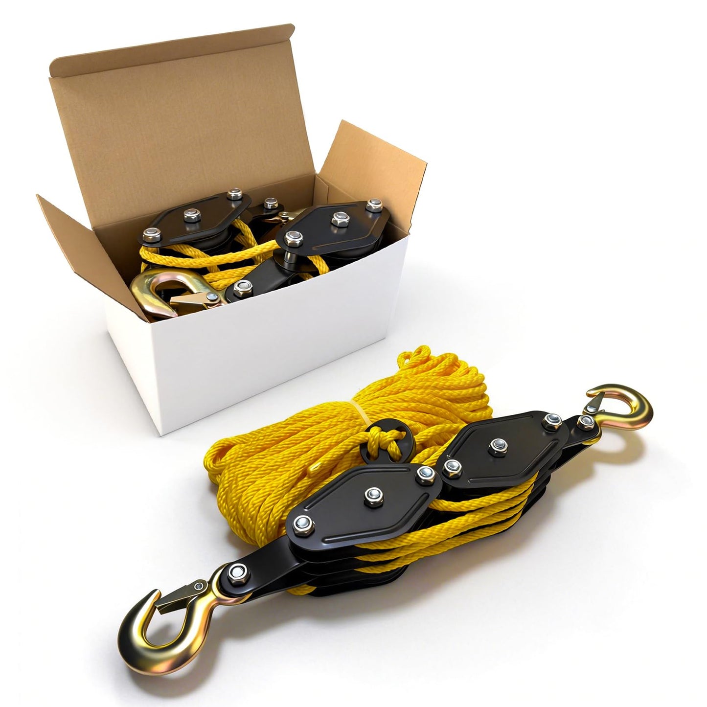 YATOINTO Rope Hoist Pulley System, 4400LB Pulley Block and Tackle, 8:1 Ratio Lifting Power 65ft, Heavy Duty Pulley Block for Hunting Lifting Heavy Objects Garage Warehouses Building (Yellow)