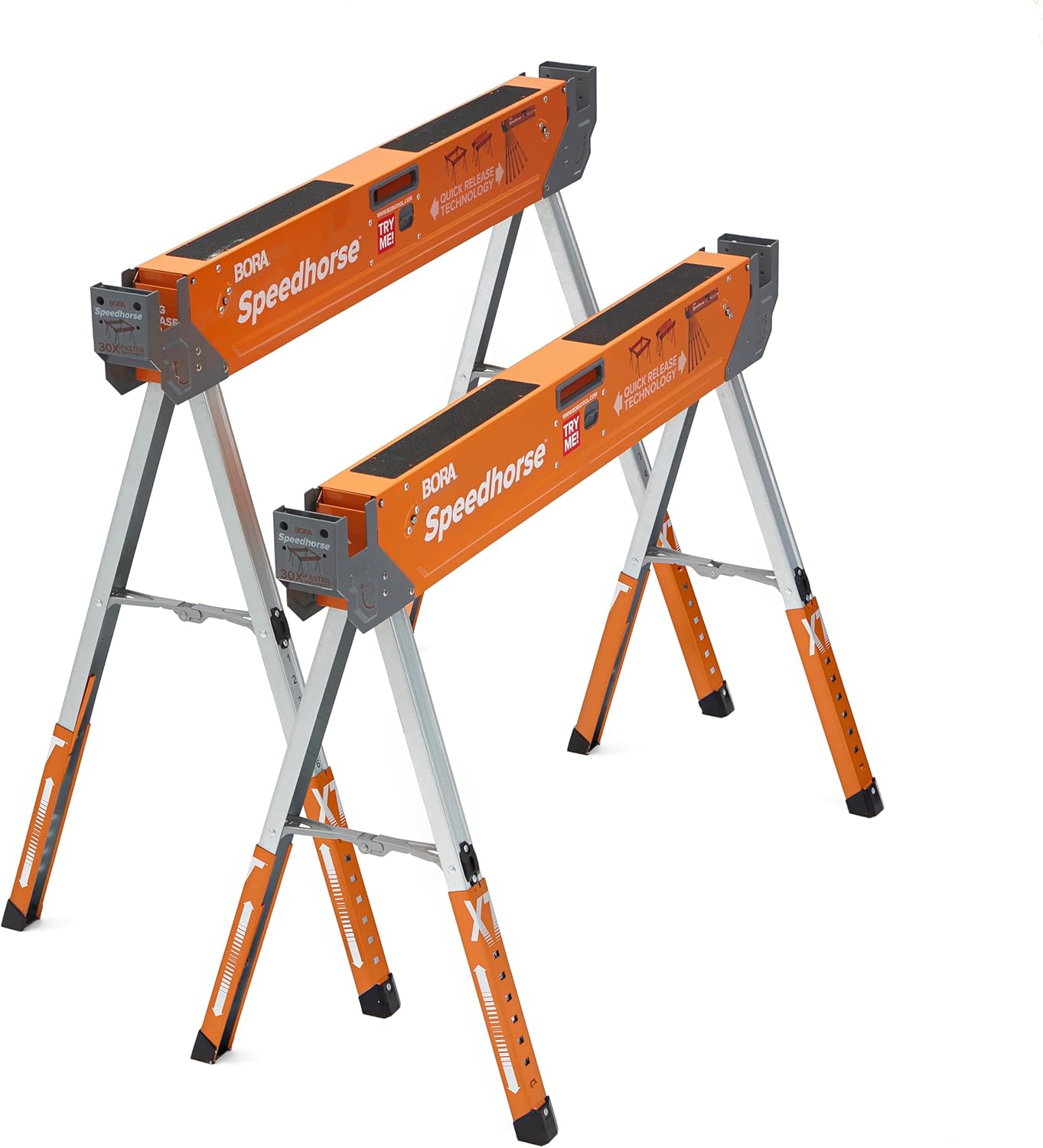 Bora Portamate Speedhorse XT Sawhorse Pair - Heavy-Duty Adjustable 30-36 Inch Legs | Metal Top for 2x4s