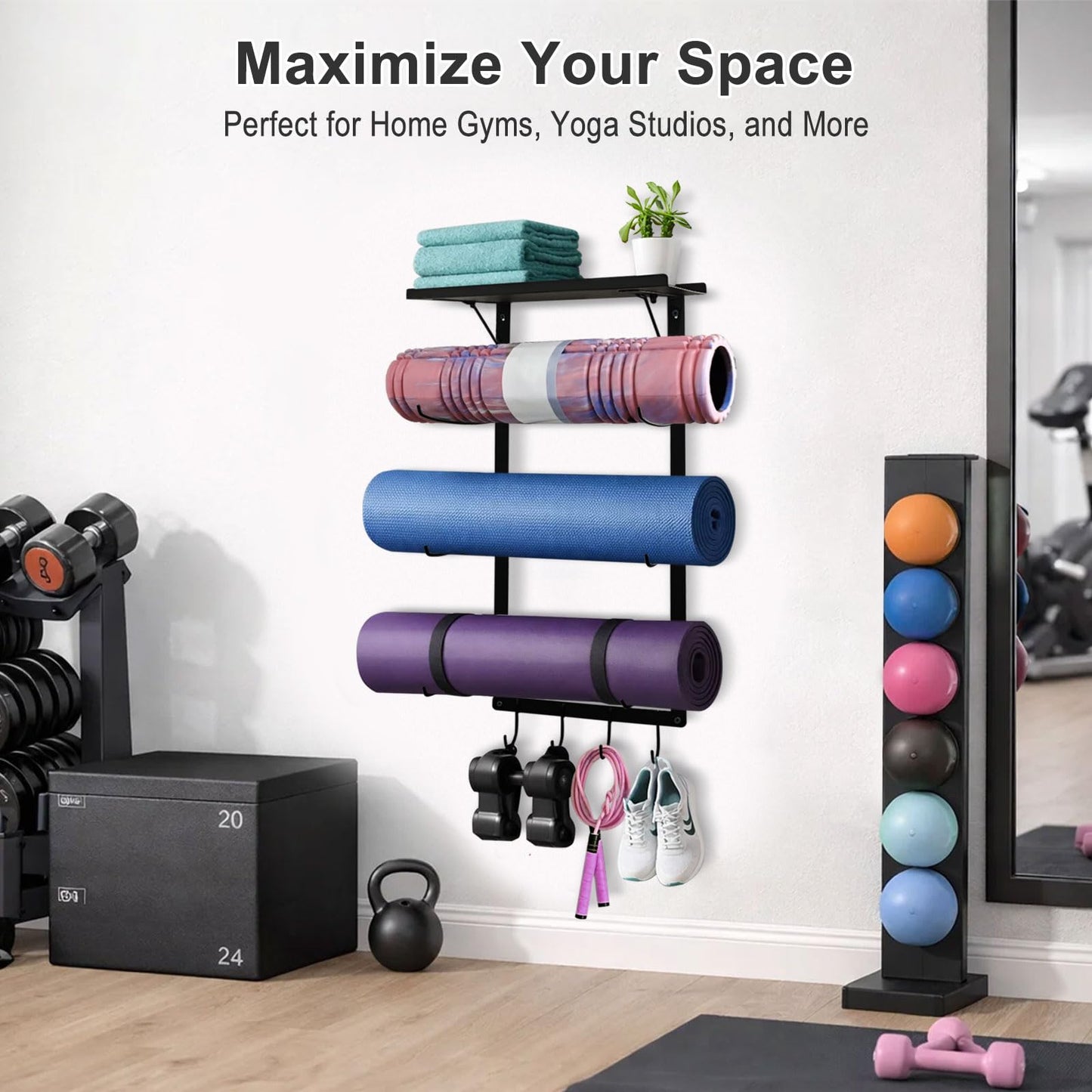 Avoirdus Yoga Mat Holder Wall Mount, Wall Mounted Yoga Mat Storage Rack with Shelf & Hooks, Home Gym Yoga Accessory Organizer for Mats, Foam Roller, Bands & Workout Equipment