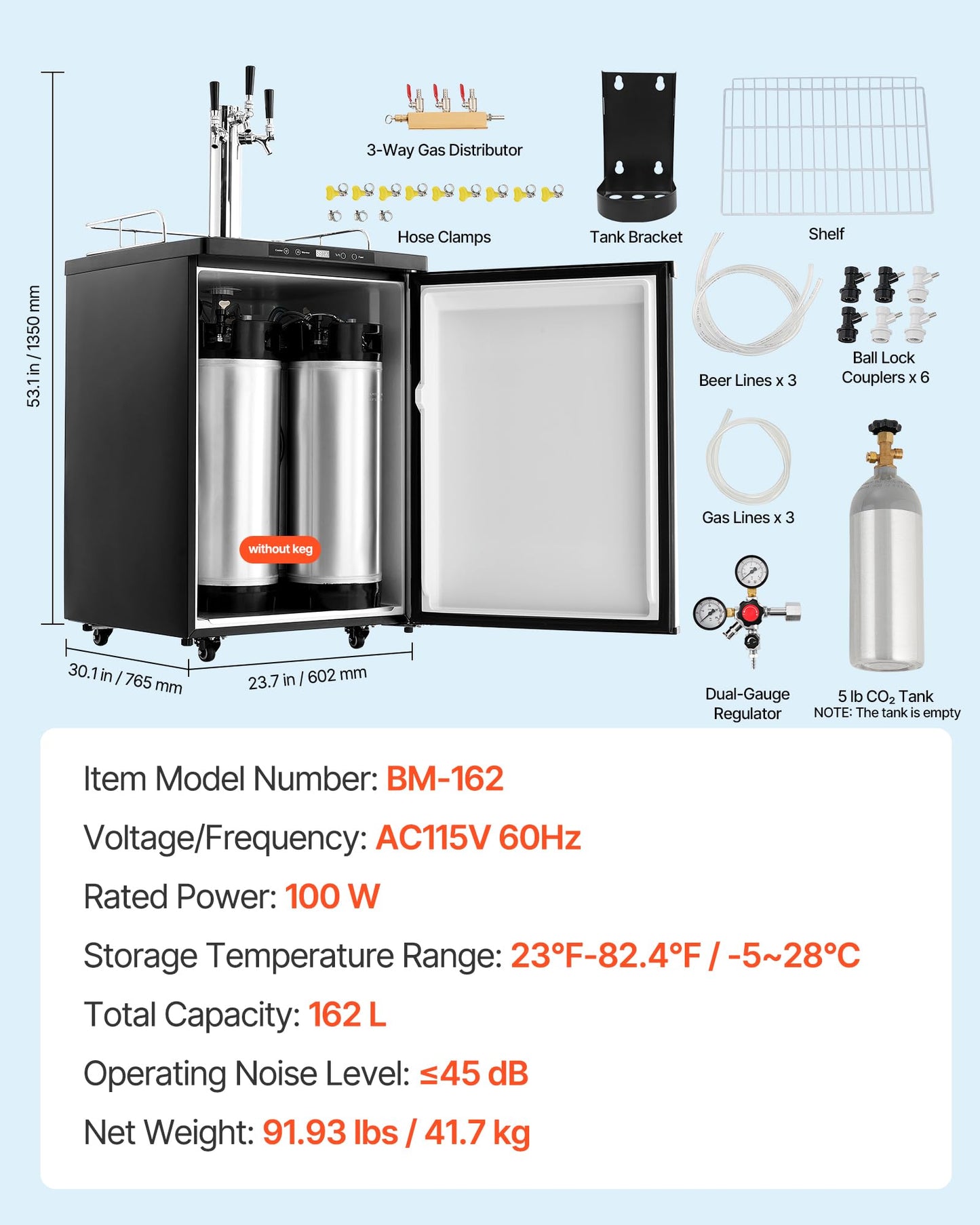 VEVOR Beer Kegerator, Triple Tap Commercial Draft Beer Dispenser for D system, Full Size Keg Refrigerator with 5lbs CO2 Tank, Hold 3 Sixth/2 Slim/3 Ball lock keg (3 taps - ball lock)
